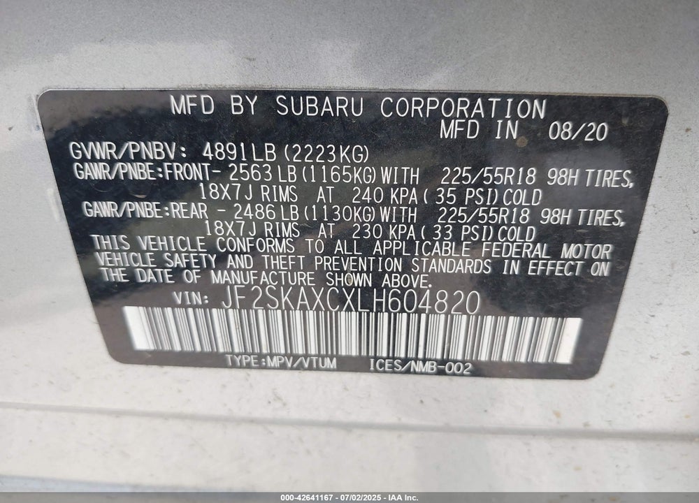 2020 SUBARU FORESTER VIN: JF2SKAXCXLH604820