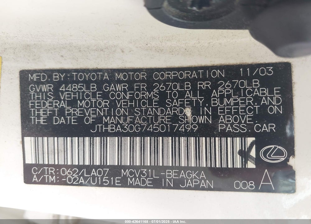 2004 LEXUS ES 330 VIN: JTHBA30G745017499