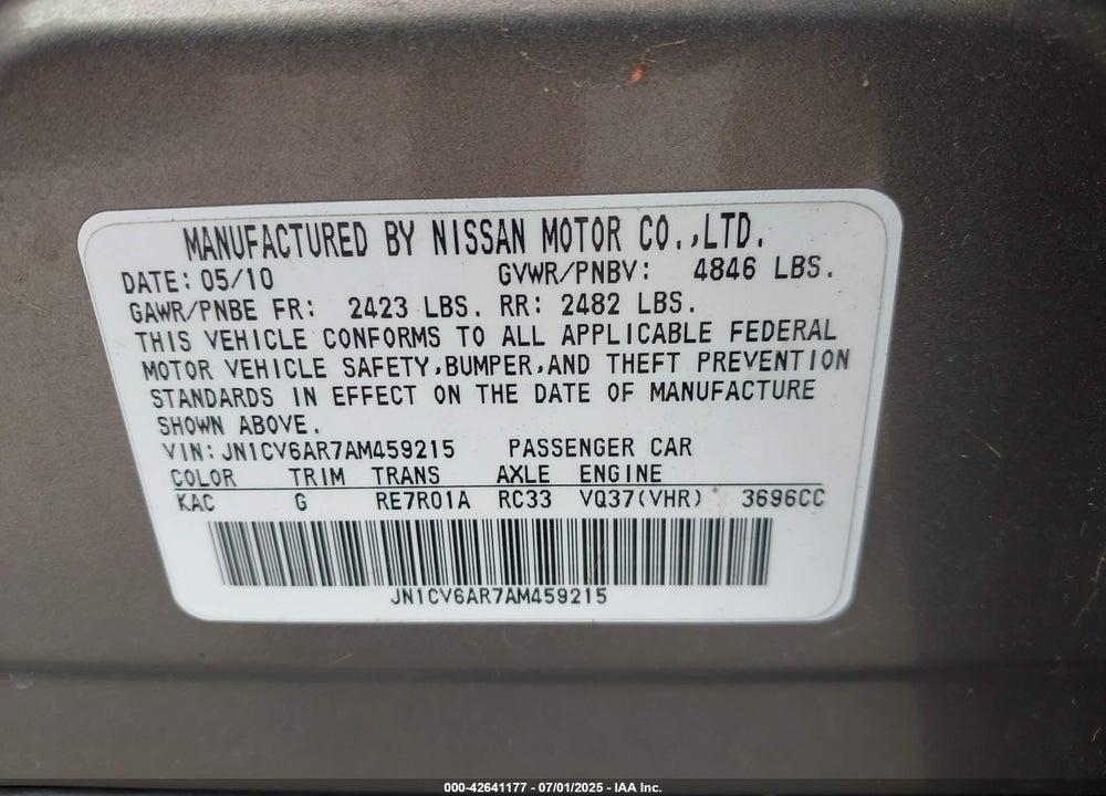 2010 INFINITI G37 VIN: JN1CV6AR7AM459215