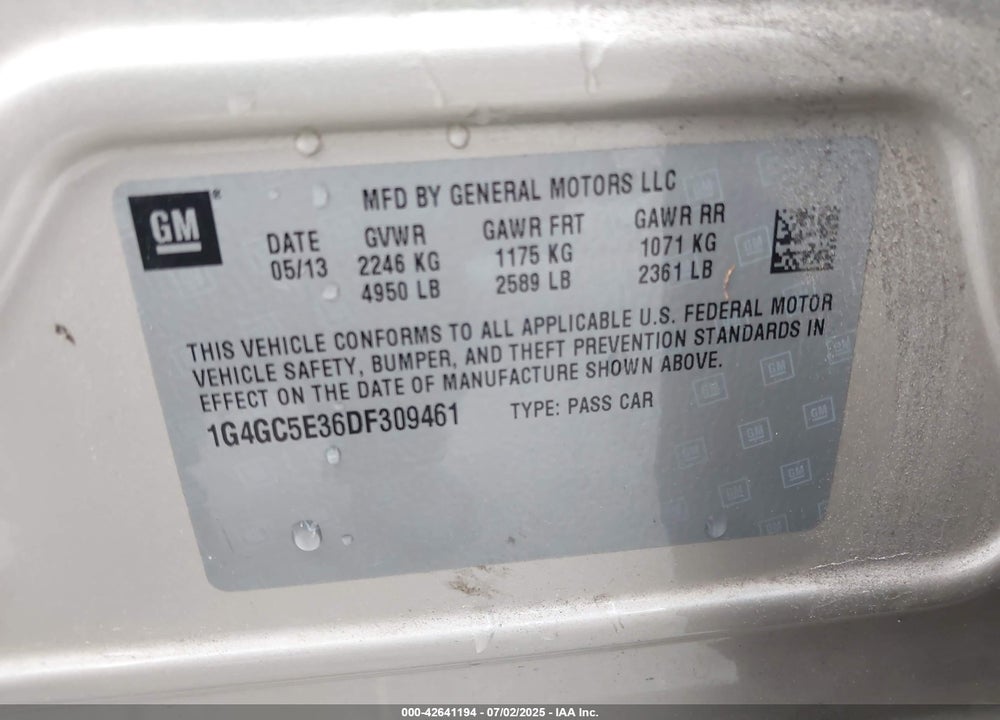 2013 BUICK LACROSSE VIN: 1G4GC5E36DF309461
