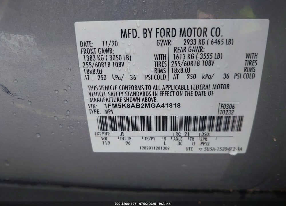 2021 FORD POLICE INTERCEPTOR SEDAN VIN: 1FM5K8AB2MGA41818