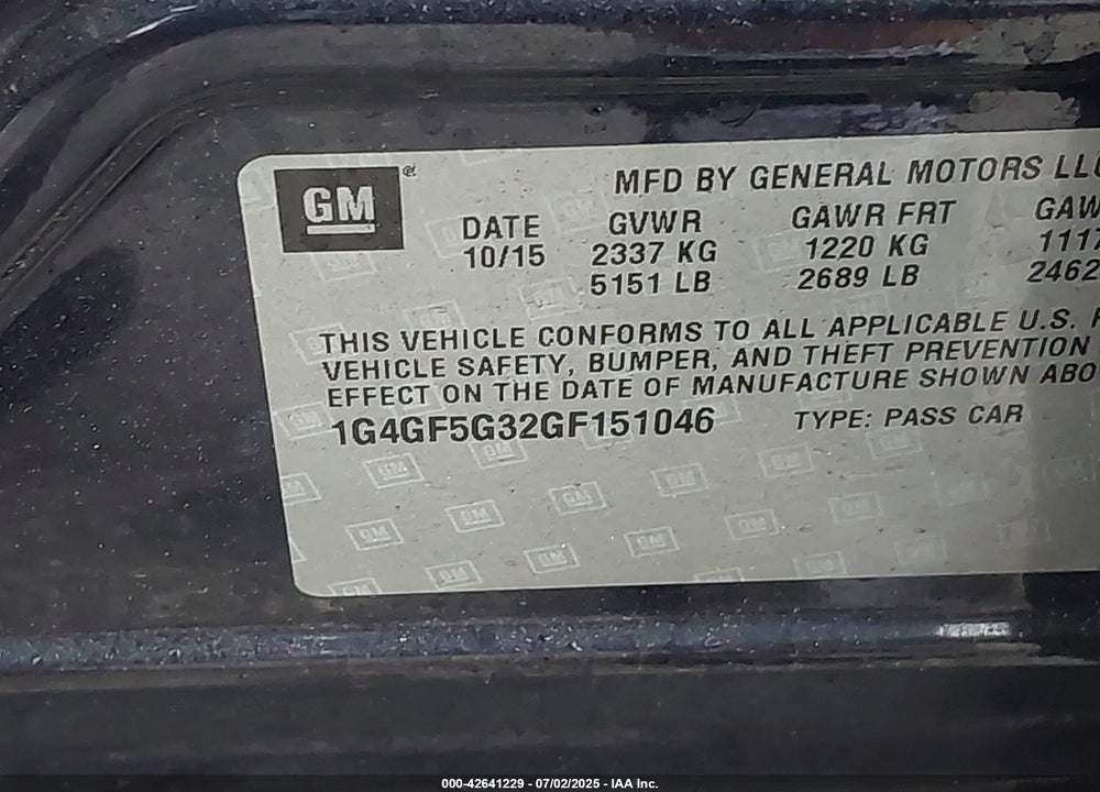 2016 BUICK LACROSSE VIN: 1G4GF5G32GF151046