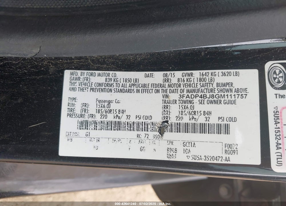 2016 FORD FIESTA VIN: 3FADP4BJ8GM111757