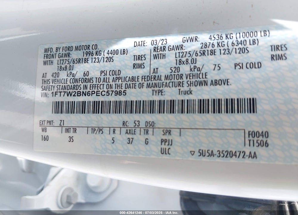 2023 FORD F-250 VIN: 1FT7W2BN6PEC57985