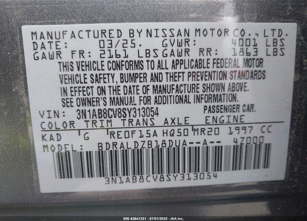 2025 NISSAN SENTRA VIN: 3N1AB8CV8SY313054