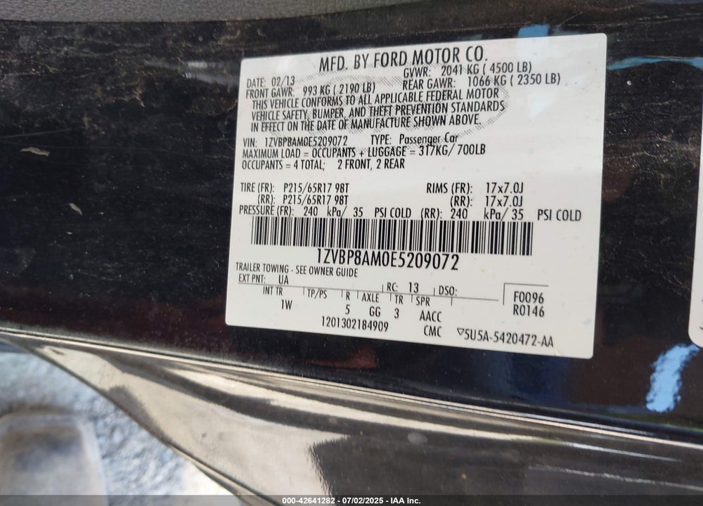 2014 FORD MUSTANG VIN: 1ZVBP8AM0E5209072