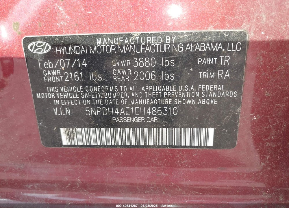 2014 HYUNDAI ELANTRA VIN: 5NPDH4AE1EH486310