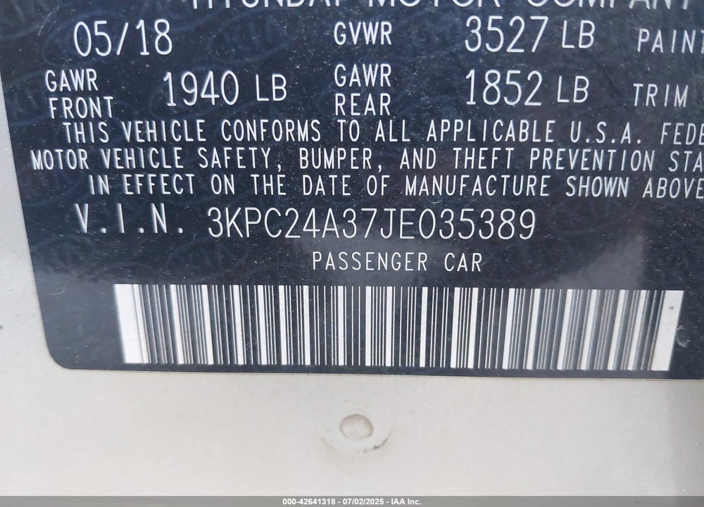 2018 HYUNDAI ACCENT VIN: 3KPC24A37JE035389