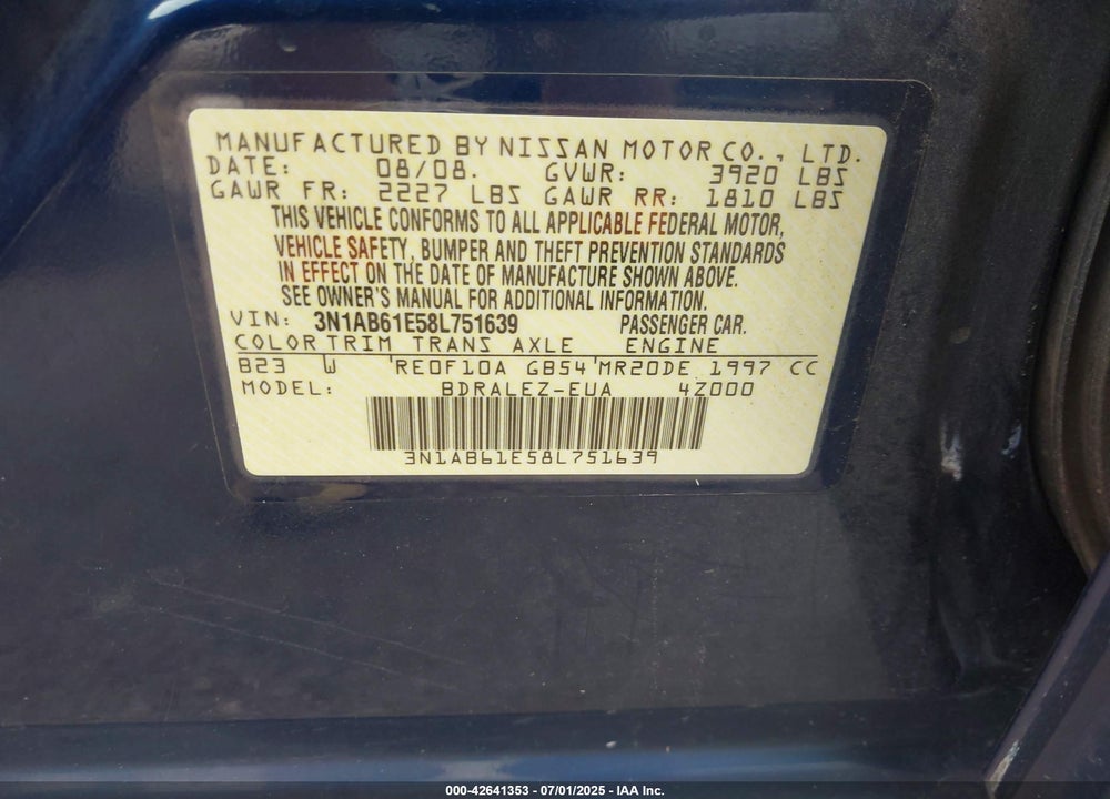 2008 NISSAN SENTRA VIN: 3N1AB61E58L751639