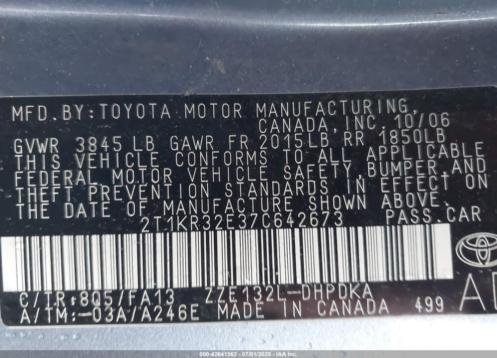 2007 TOYOTA MATRIX VIN: 2T1KR32E37C642673