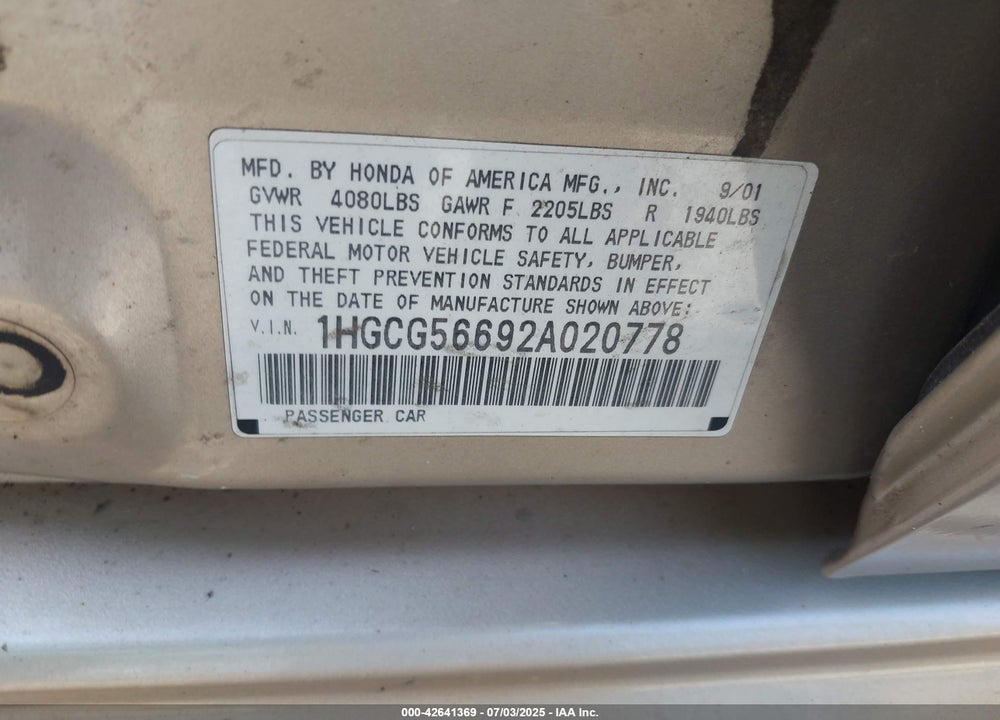 2002 HONDA ACCORD 2.3 EX VIN: 1HGCG56692A020778