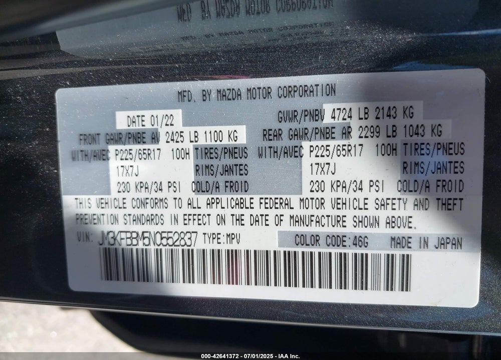 2022 MAZDA CX-5 VIN: JM3KFBBM5N0552837