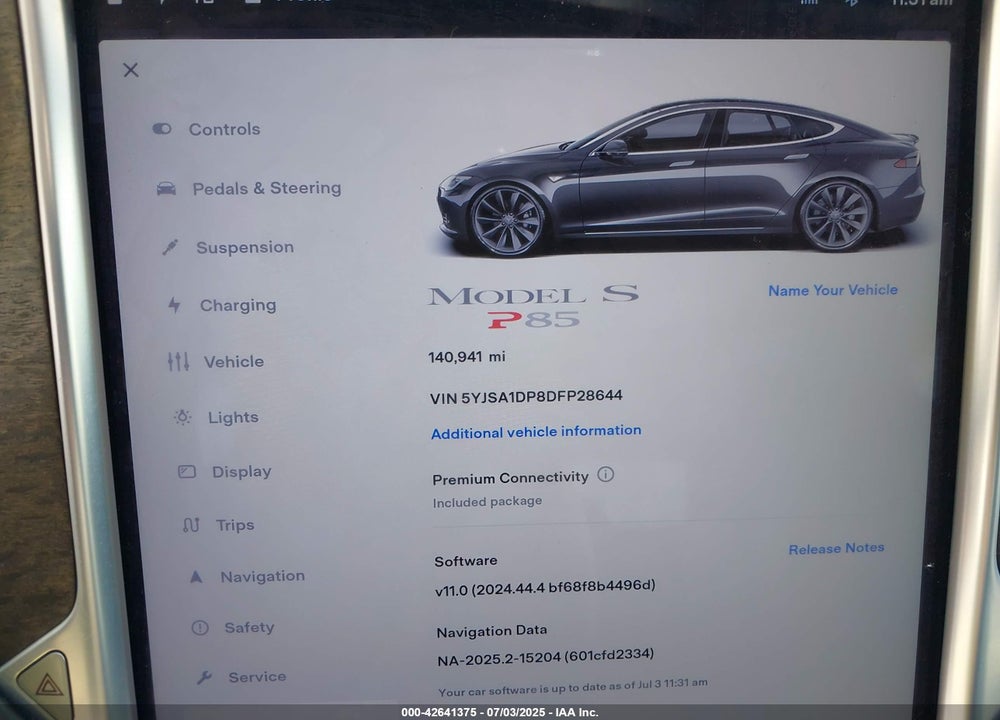 2013 TESLA MODEL S VIN: 5YJSA1DP8DFP28644