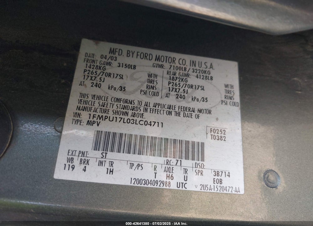 2003 FORD EXPEDITION EDDIE BAUER VIN: 1FMPU17L03LC04711