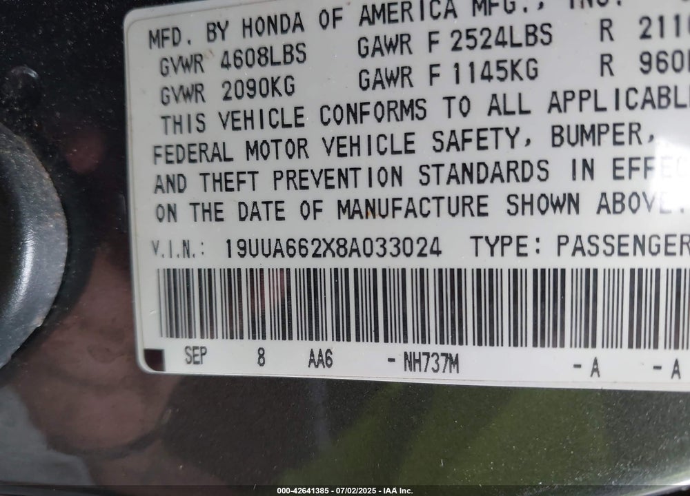 2008 ACURA TL VIN: 19UUA662X8A033024