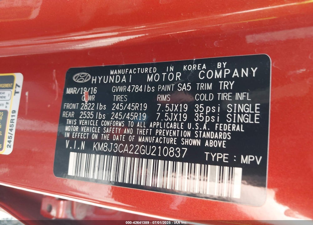 2016 HYUNDAI TUCSON VIN: KM8J3CA22GU210837