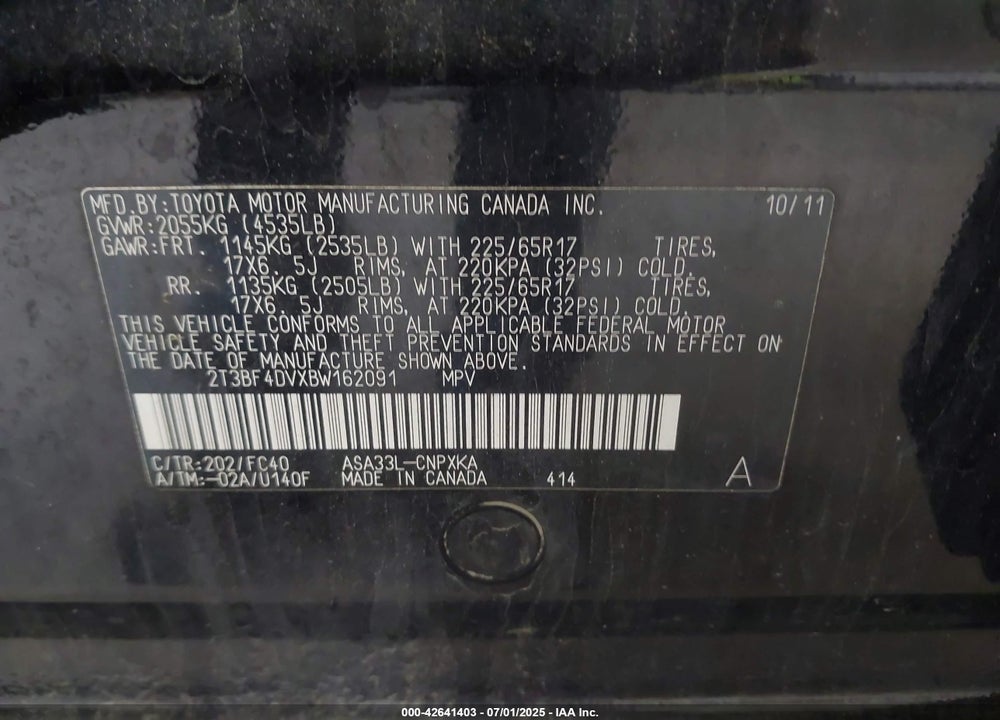 2011 TOYOTA RAV4 VIN: 2T3BF4DVXBW162091