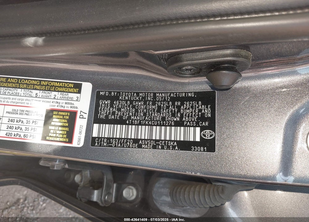 2012 TOYOTA CAMRY VIN: 4T1BF1FK4CU111276