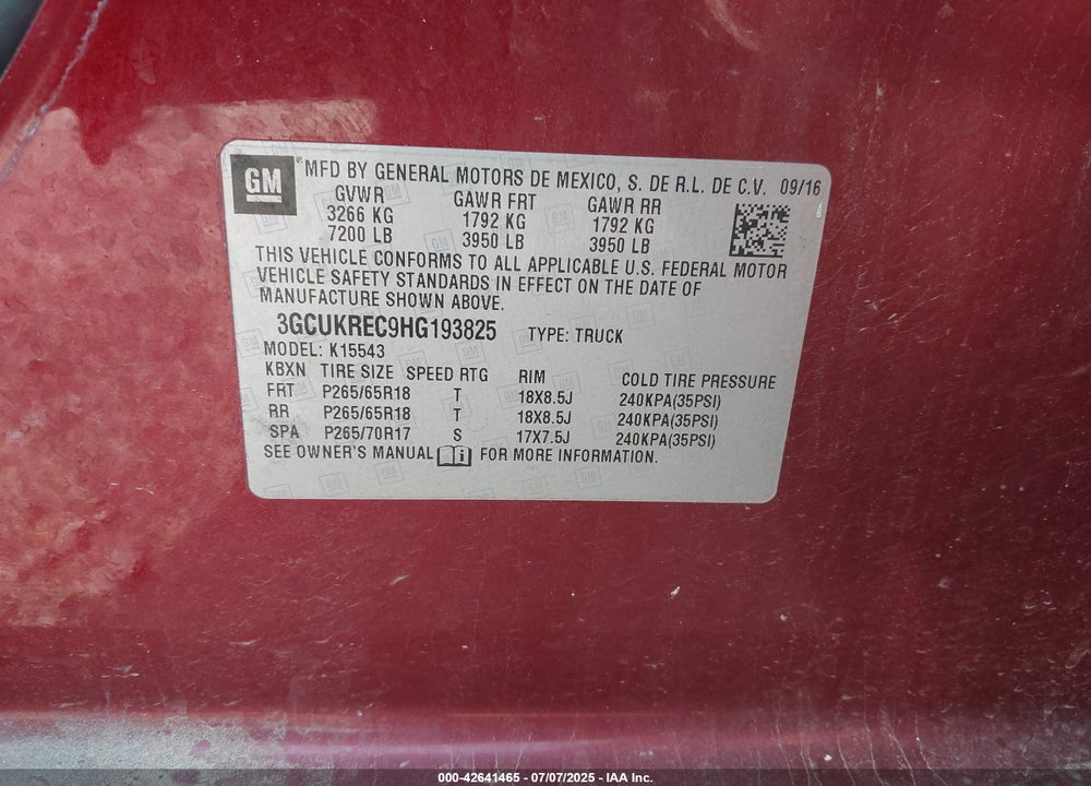 2017 CHEVROLET SILVERADO 1500 VIN: 3GCUKREC9HG193825