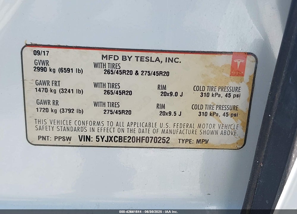 2017 TESLA MODEL X VIN: 5YJXCBE20HF070252
