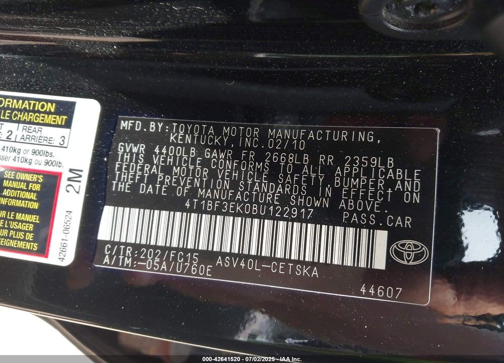 2011 TOYOTA CAMRY VIN: 4T1BF3EK0BU122917