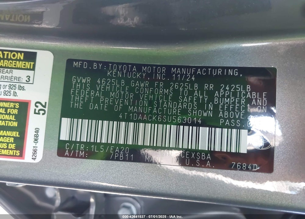 2025 TOYOTA CAMRY VIN: 4T1DAACK6SU563014
