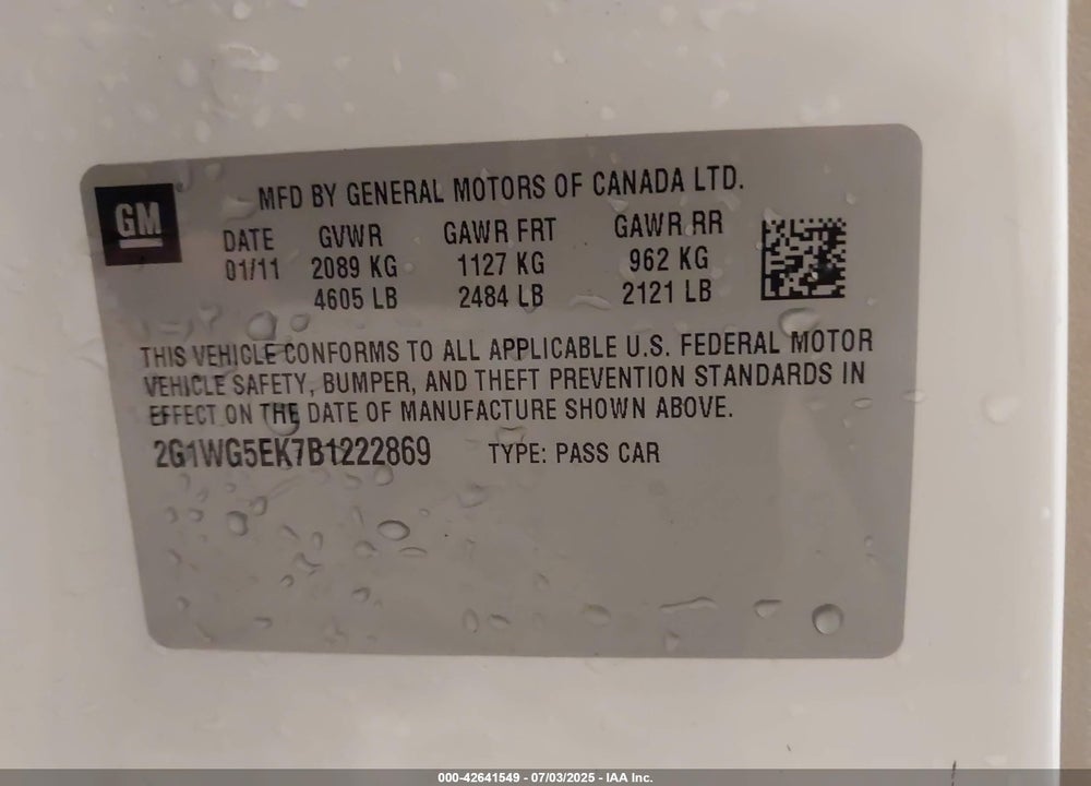2011 CHEVROLET IMPALA VIN: 2G1WG5EK7B1222869