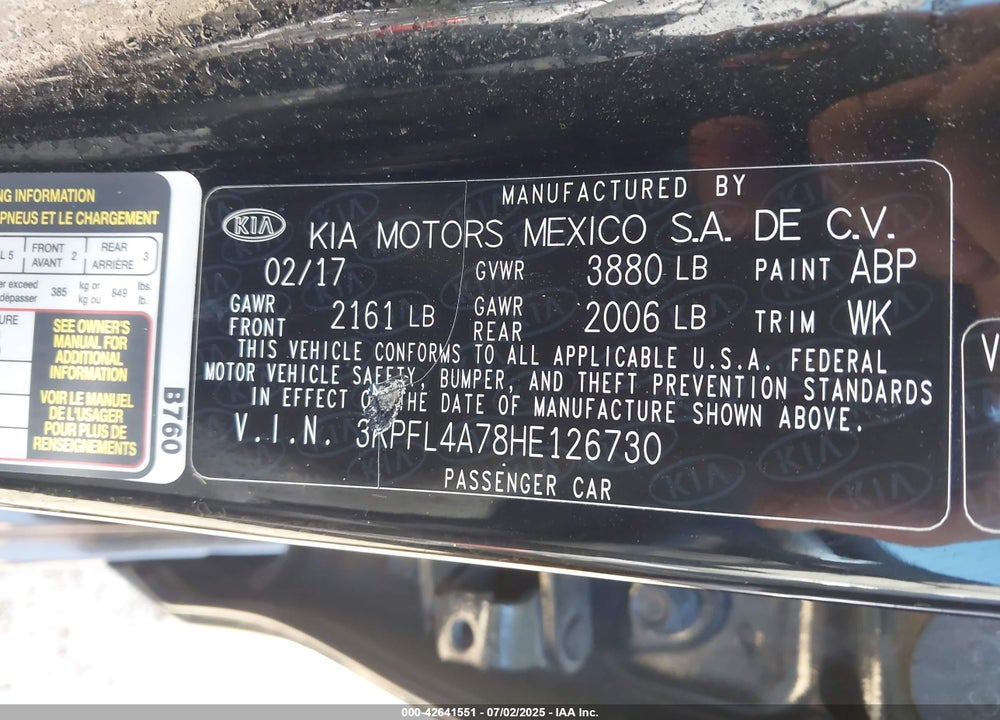 2017 KIA FORTE VIN: 3KPFL4A78HE126730
