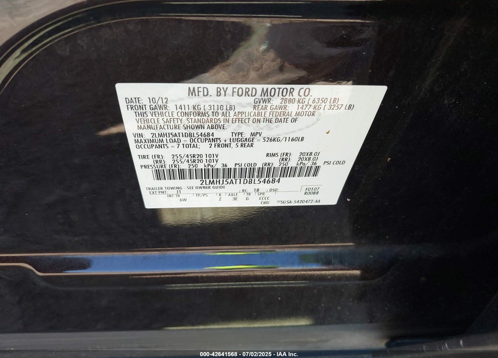 2013 LINCOLN MKT VIN: 2LMHJ5AT1DBL54684