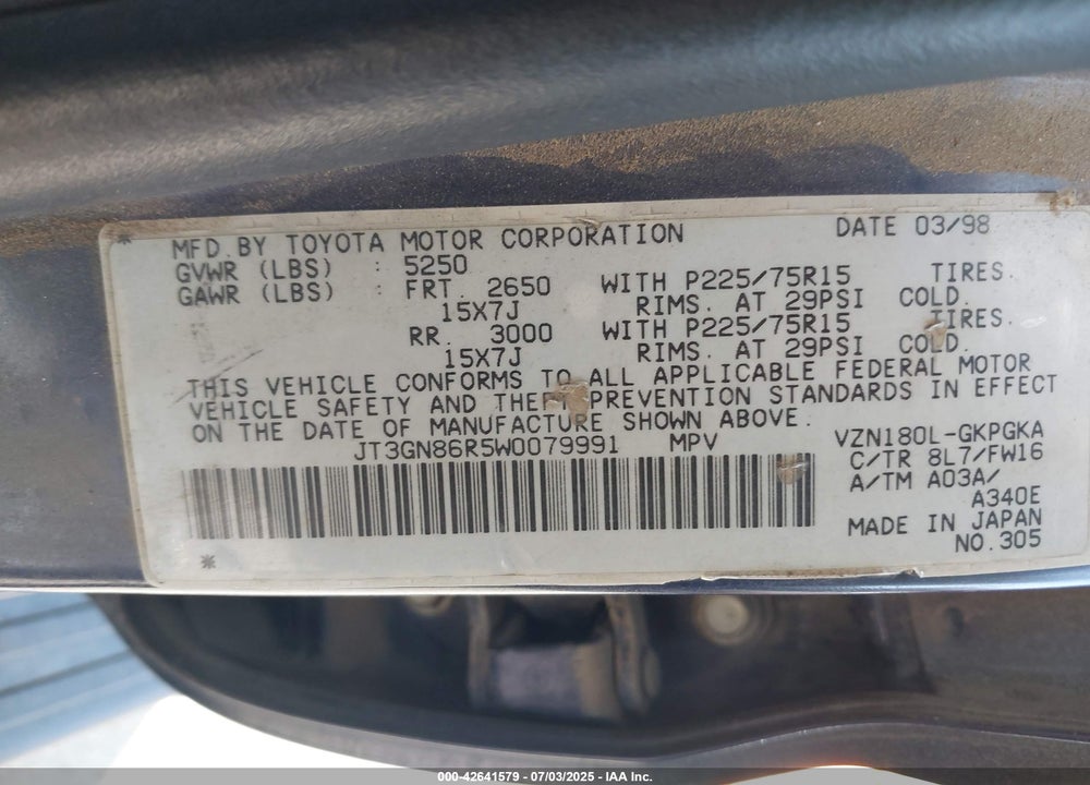 1998 TOYOTA 4RUNNER SR5 V6 VIN: JT3GN86R5W0079991