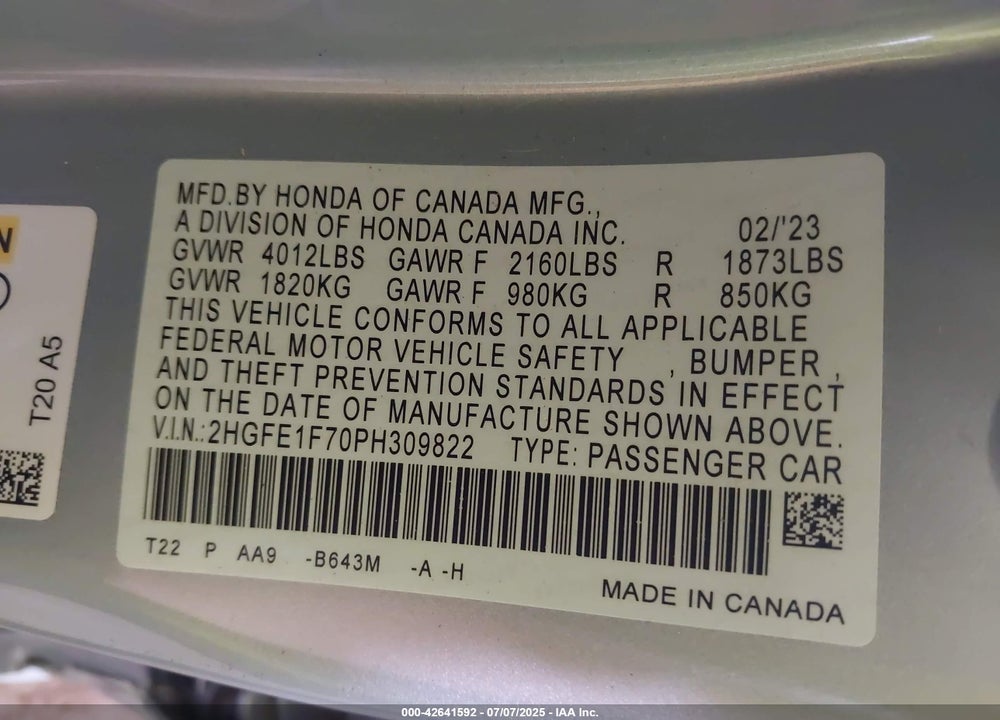 2023 HONDA CIVIC EX /EX W/O BSI VIN: 2HGFE1F70PH309822
