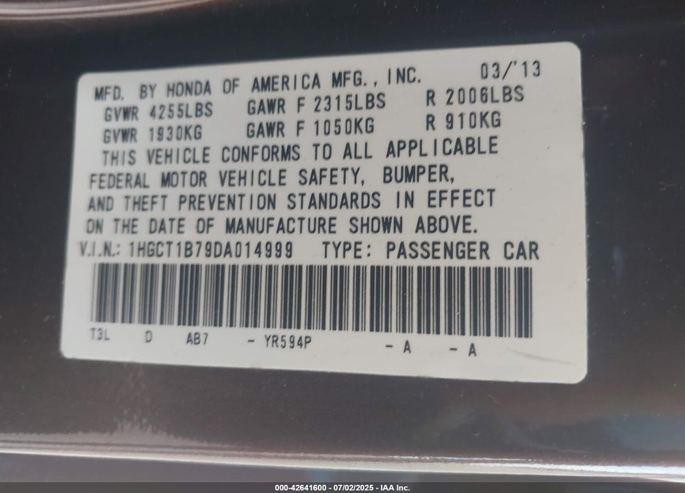 2013 HONDA ACCORD VIN: 1HGCT1B79DA014999