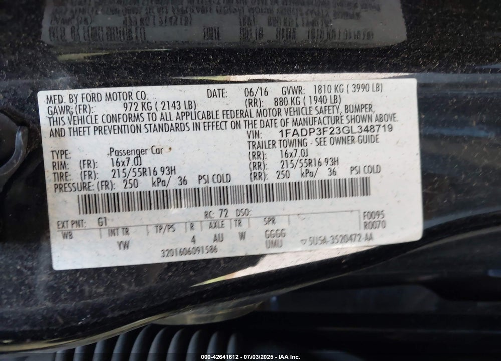 2016 FORD FOCUS VIN: 1FADP3F23GL348719