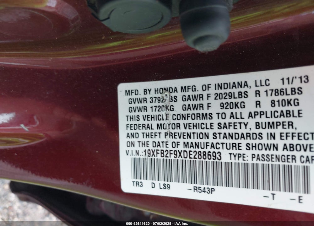 2013 HONDA CIVIC VIN: 19XFB2F9XDE288693