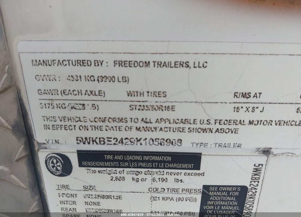 2019 FREEDOM 8.5X24TA4 VIN: 5WKBE2429K1058908