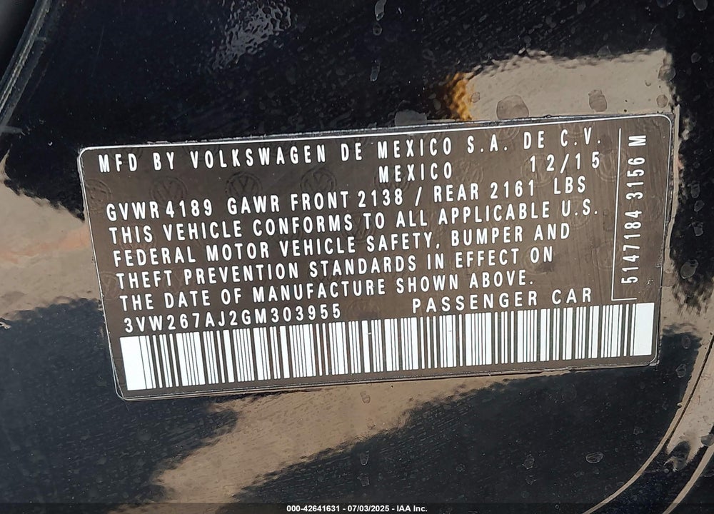 2016 VOLKSWAGEN JETTA VIN: 3VW267AJ2GM303955
