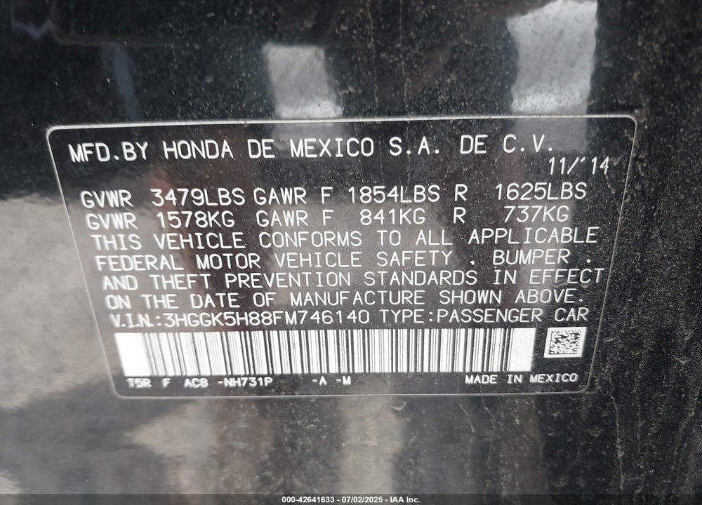 2015 HONDA FIT VIN: 3HGGK5H88FM746140