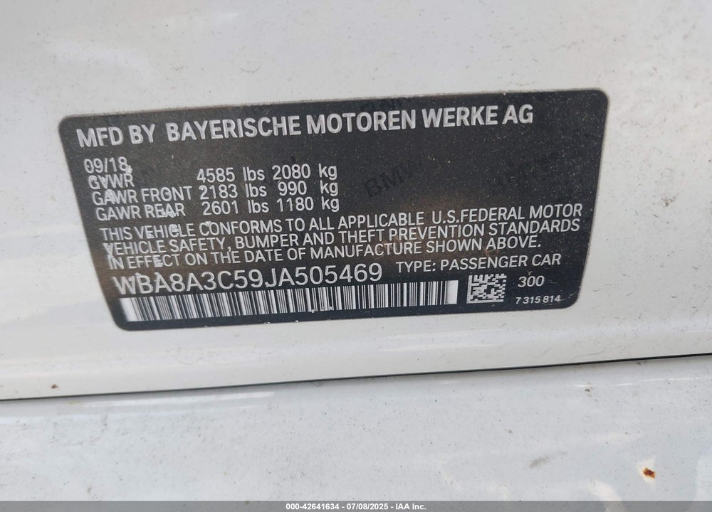 2018 BMW 3 SERIES VIN: WBA8A3C59JA505469