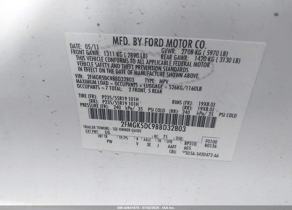 2011 FORD FLEX VIN: 2FMGK5DC9BBD32803