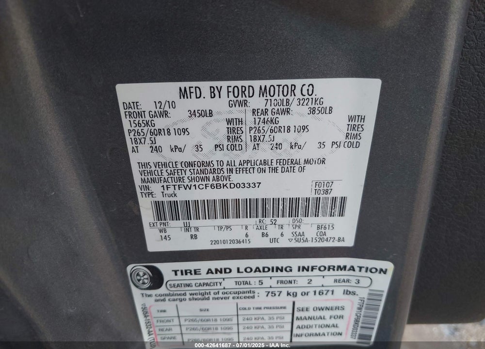 2011 FORD F-150 VIN: 1FTFW1CF6BKD03337