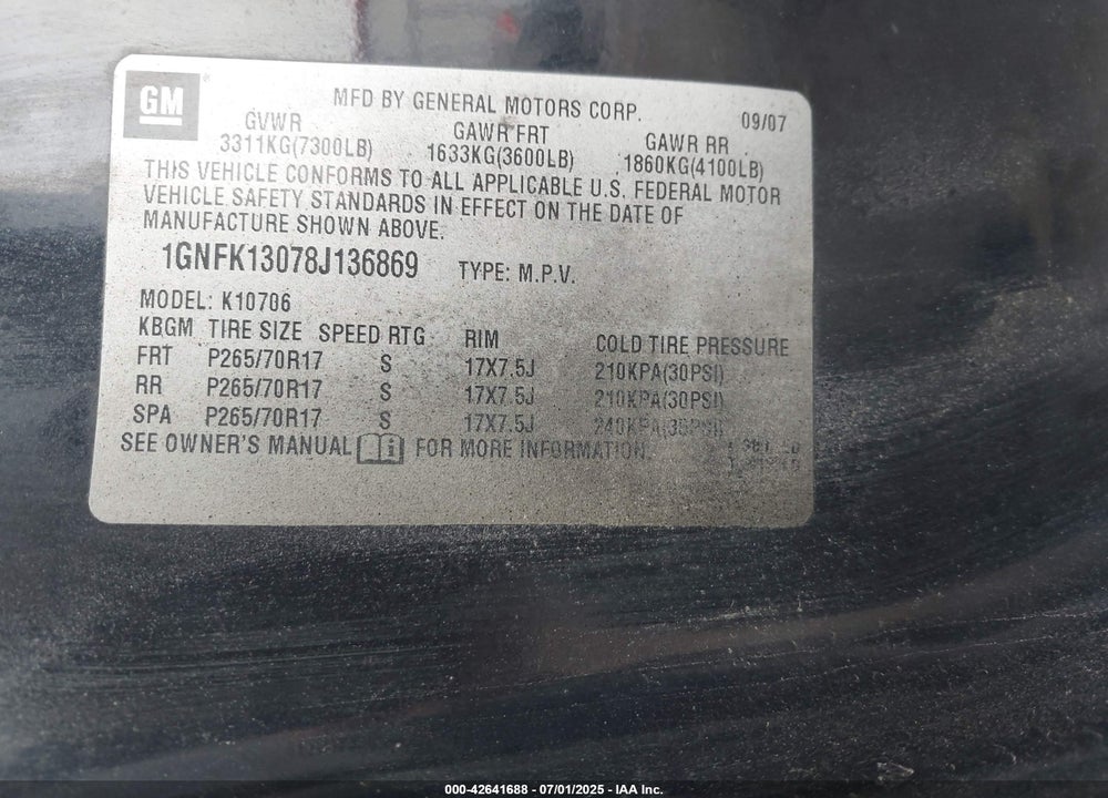 2008 CHEVROLET TAHOE LS VIN: 1GNFK13078J136869