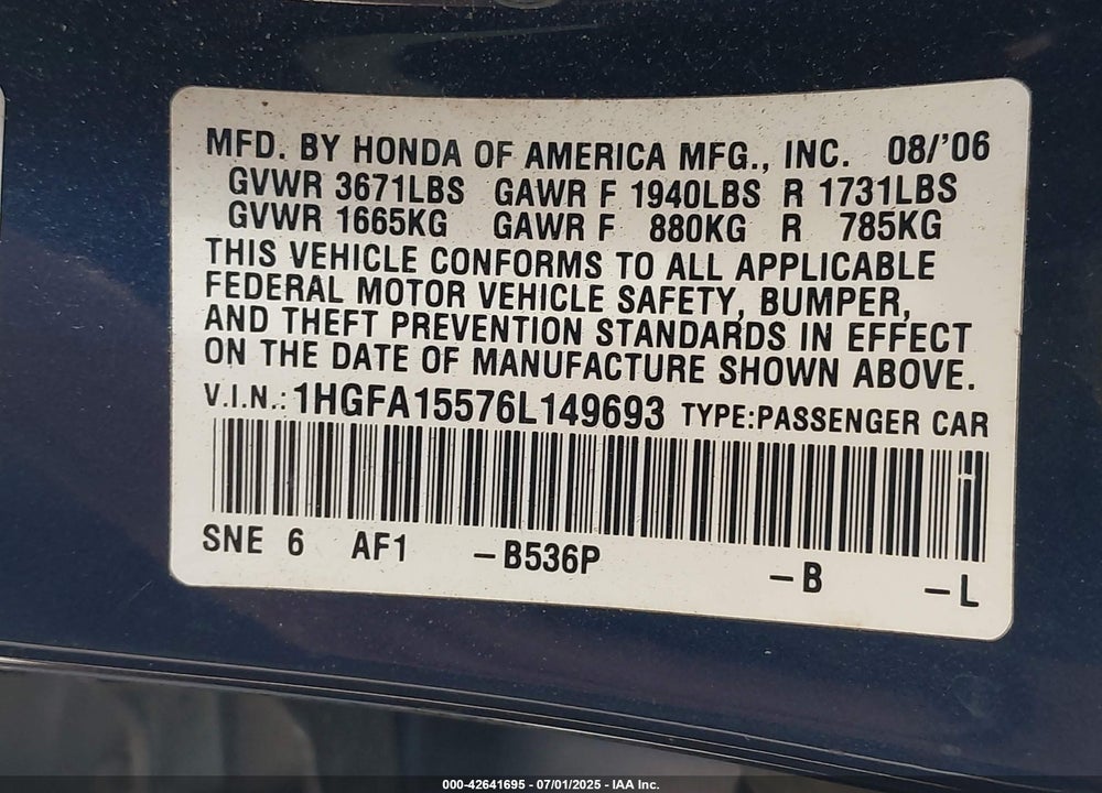 2006 HONDA CIVIC VIN: 1HGFA15576L149693