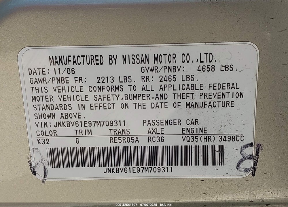 2007 INFINITI G35 JOURNEY VIN: JNKBV61E97M709311