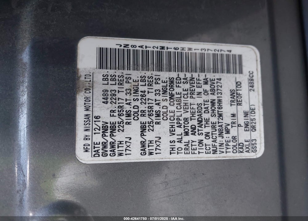2017 NISSAN ROGUE VIN: JN8AT2MT6HW137274