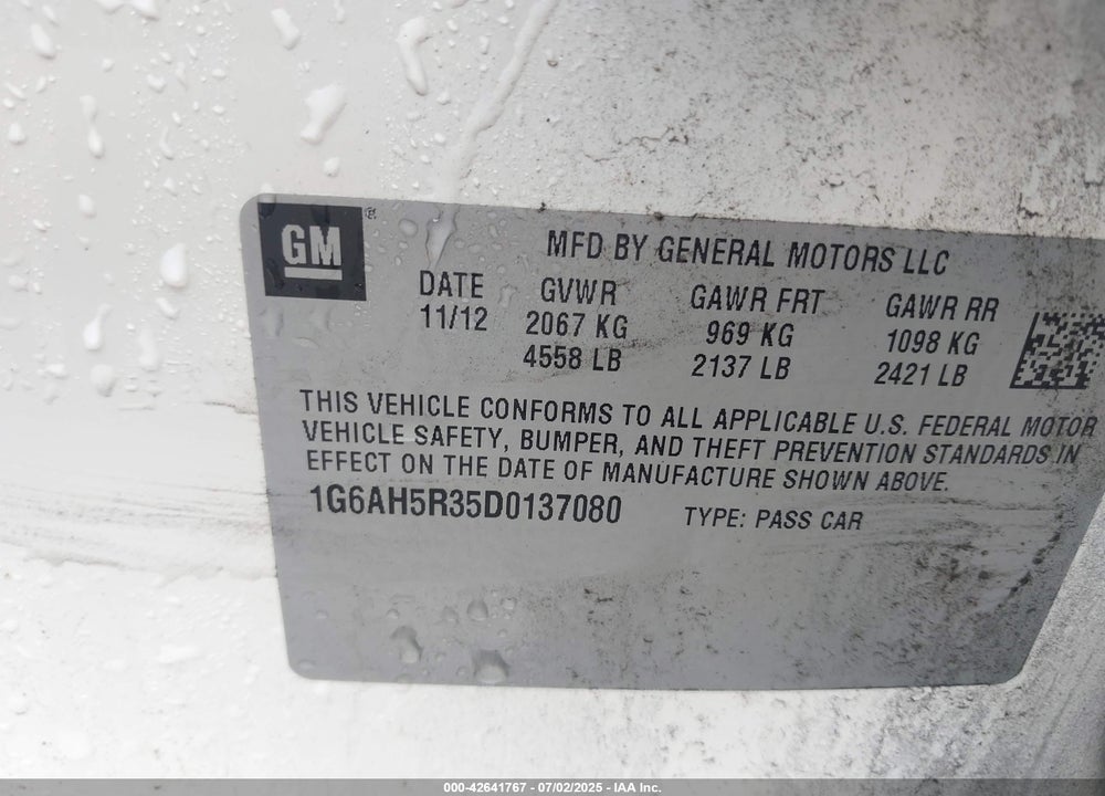 2013 CADILLAC ATS VIN: 1G6AH5R35D0137080