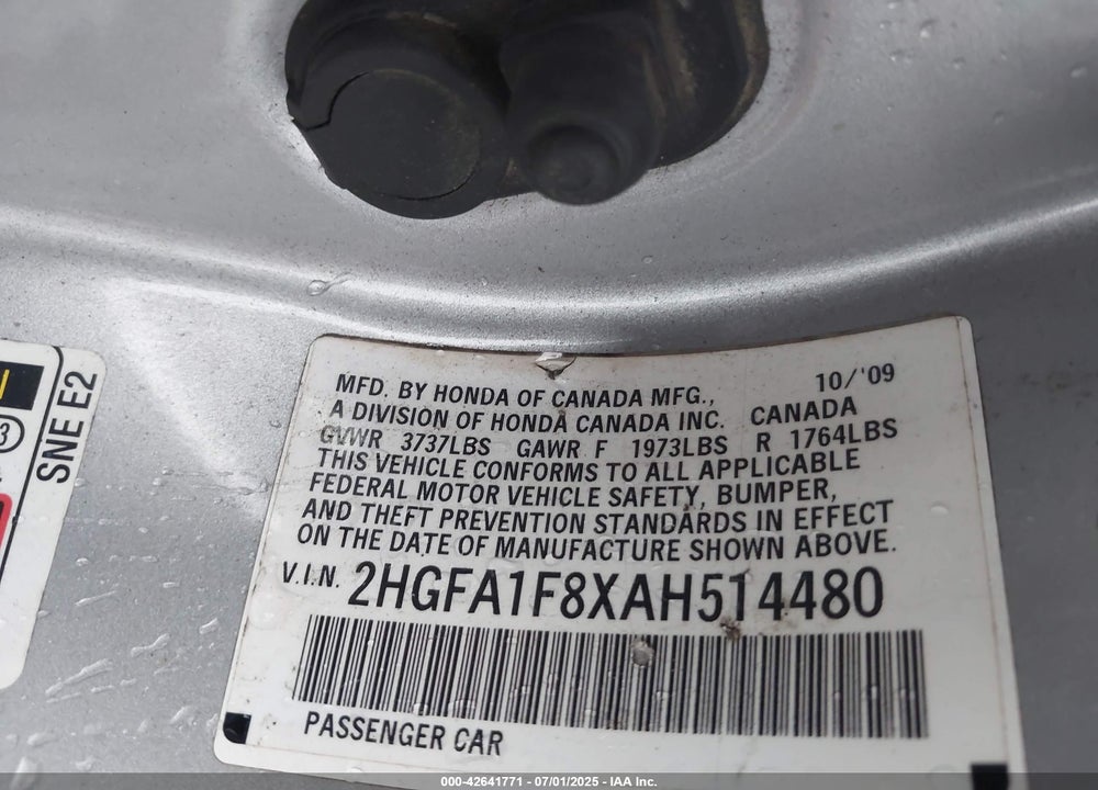 2010 HONDA CIVIC VIN: 2HGFA1F8XAH514480
