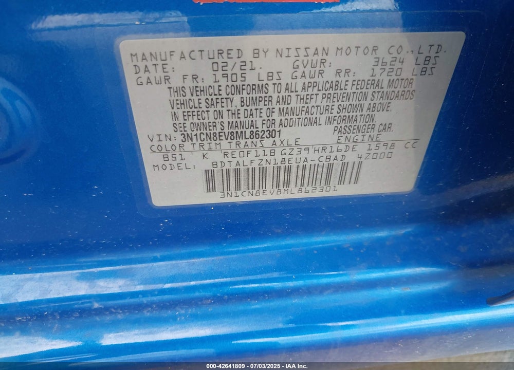 2021 NISSAN VERSA VIN: 3N1CN8EV8ML862301