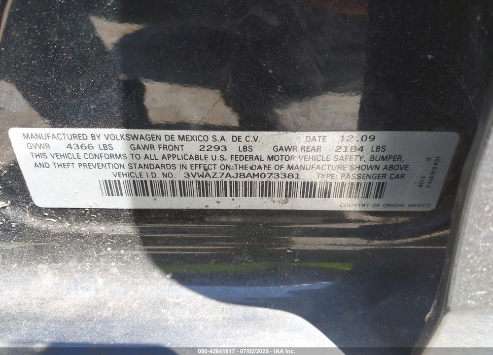2010 VOLKSWAGEN JETTA VIN: 3VWAZ7AJ8AM073381