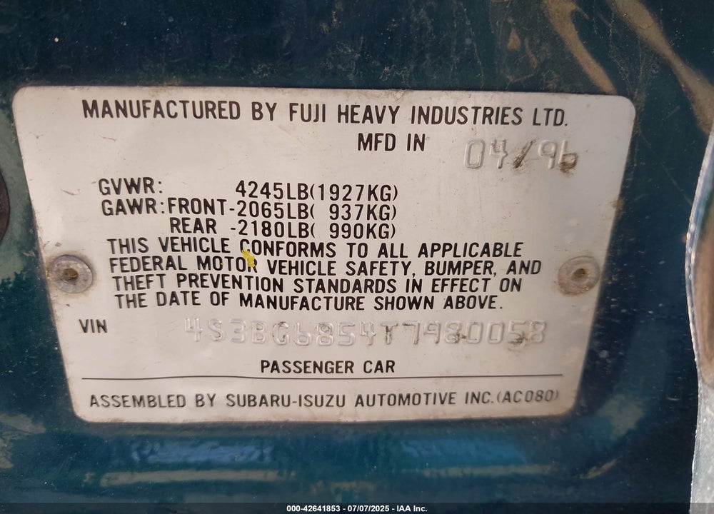 1996 SUBARU LEGACY OUTBACK VIN: 4S3BG6854T7980058