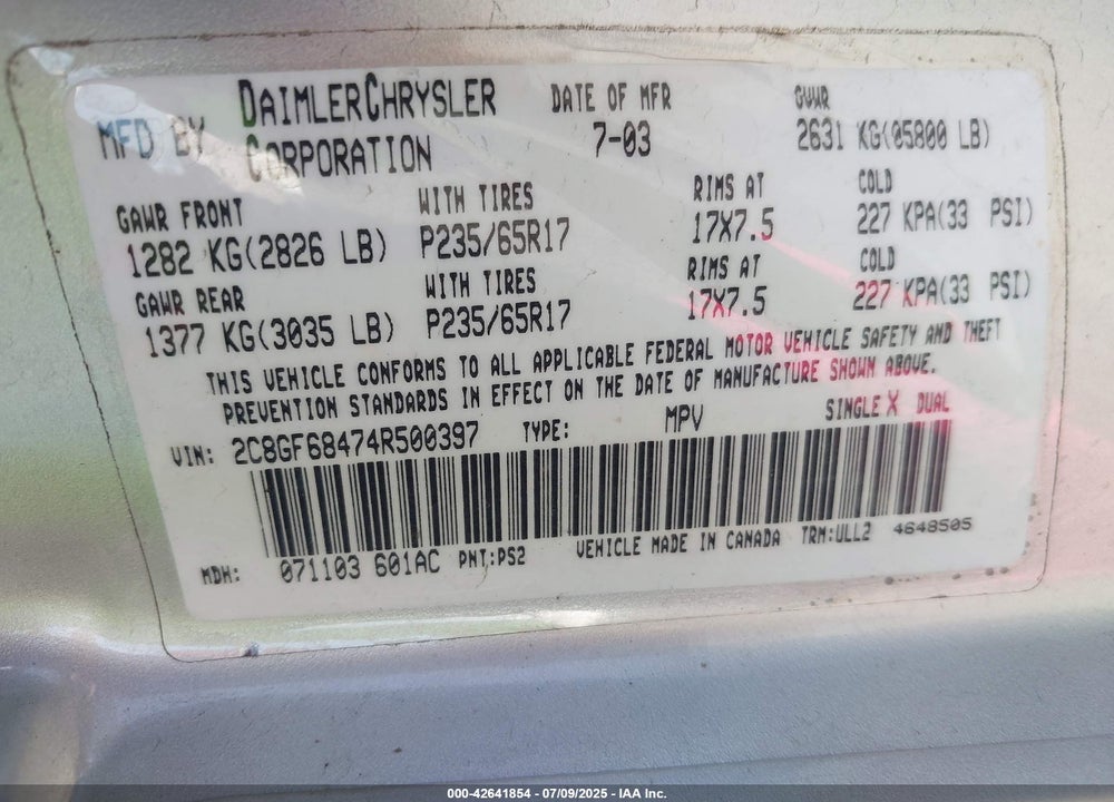 2004 CHRYSLER PACIFICA VIN: 2C8GF68474R500397